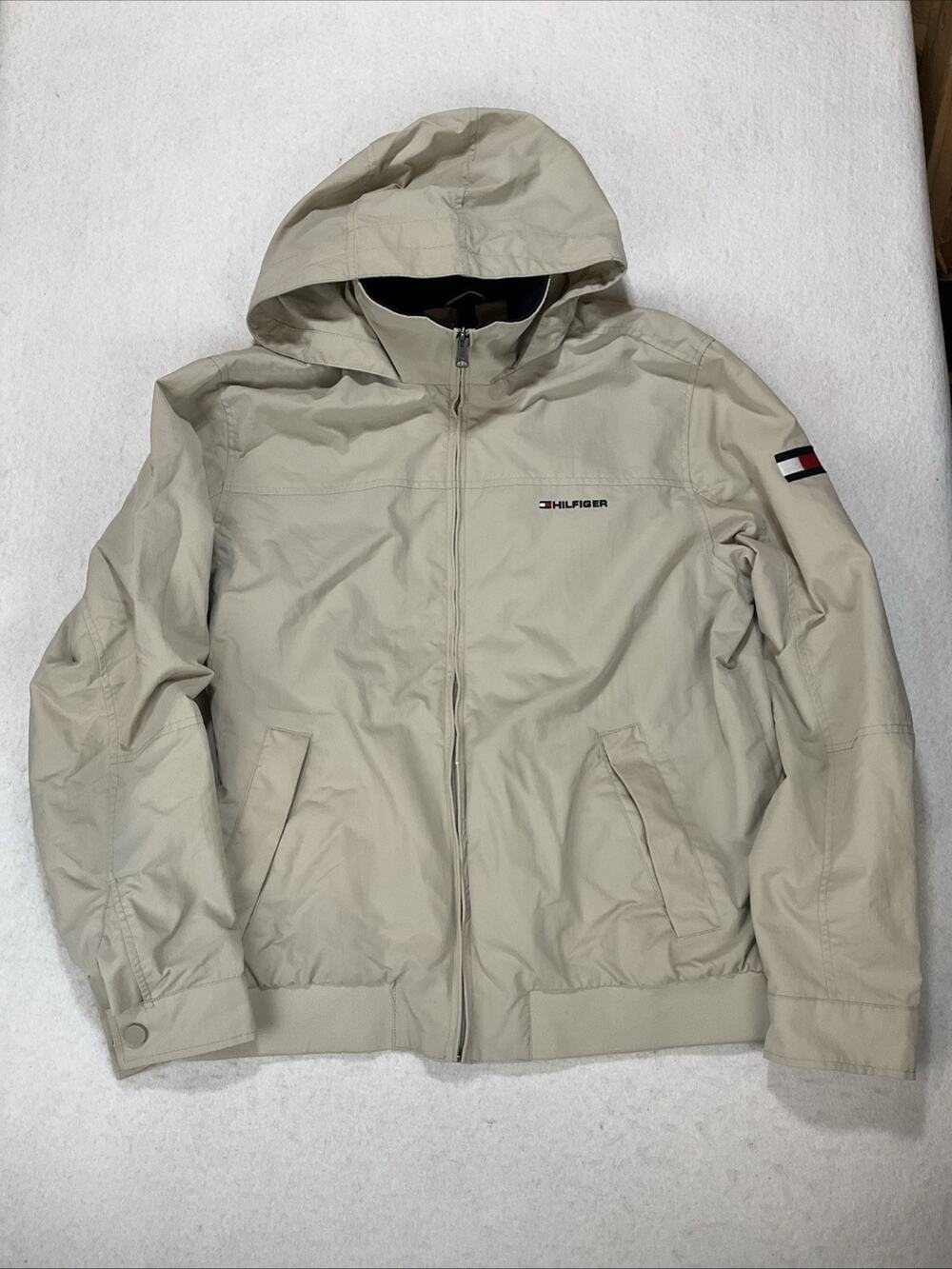 Tommy Hilfiger Jacket Mens L Beige Windbreaker Hooded Lined Full Zip Pockets